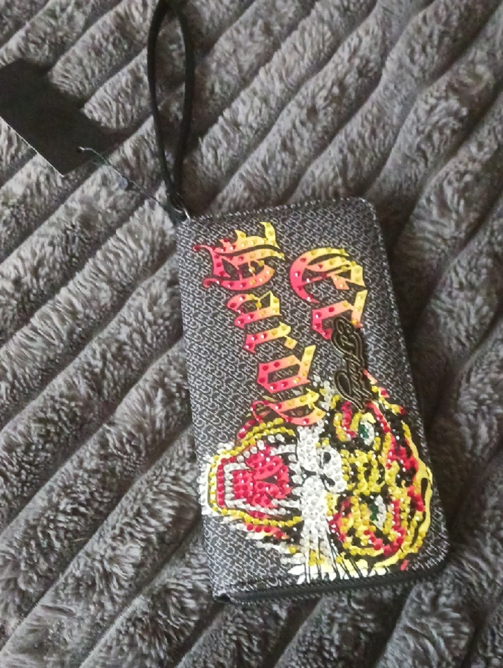 NWT Ed Hardy Black Wallet with Red Yellow White Tiger Rhinestone Embellishment